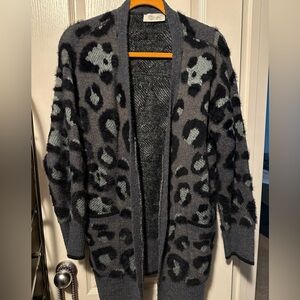RD Style Cozy Leopard Print Cardigan, navy blue